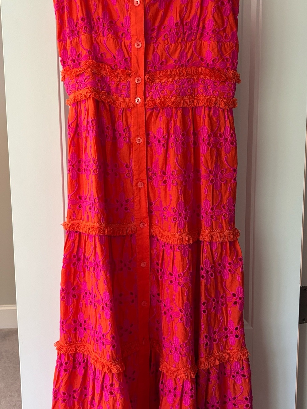 J. Crew Hot Pink & Orange Eyelet Tiered Midi Dress